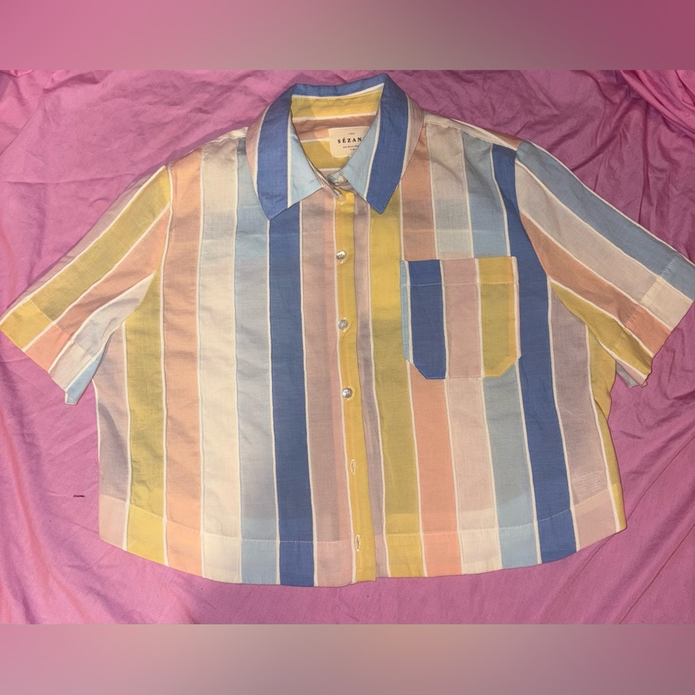 Sézane Striped Multicolor cropped button up shirt size US 2